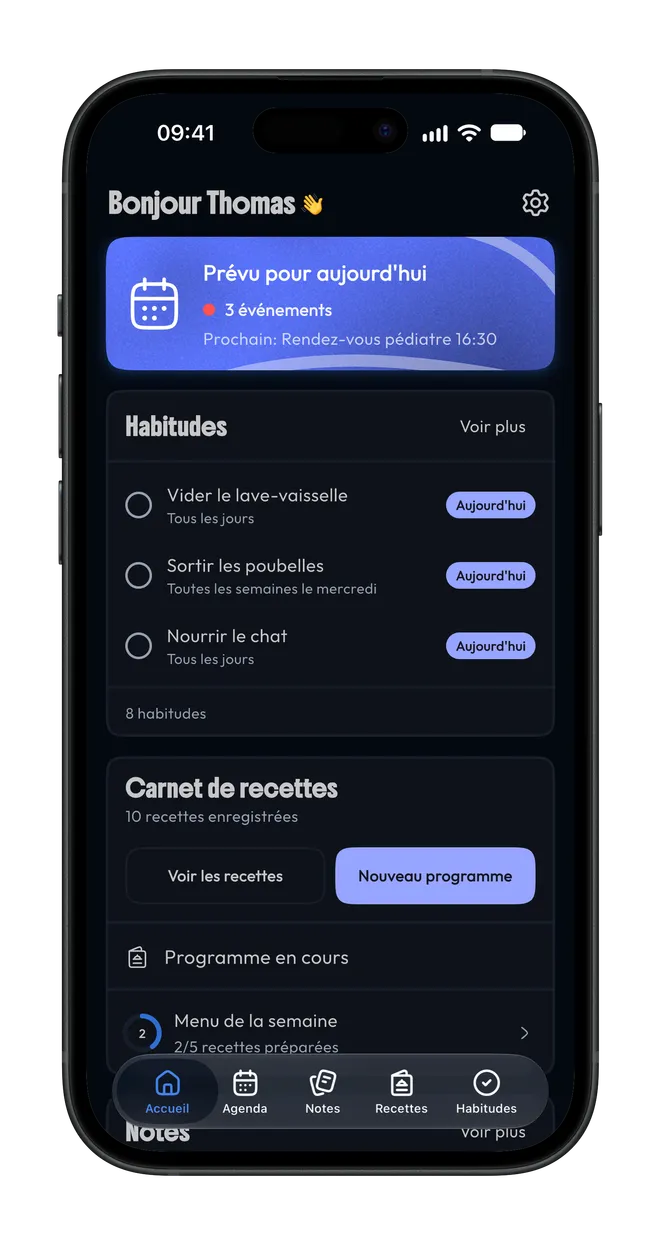 L’écran d’accueil de Shadom : les événements du jour, les habitudes à cocher et le carnet de recettes