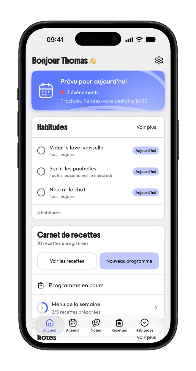L’écran d’accueil de Shadom : les événements du jour, les habitudes à cocher et le carnet de recettes