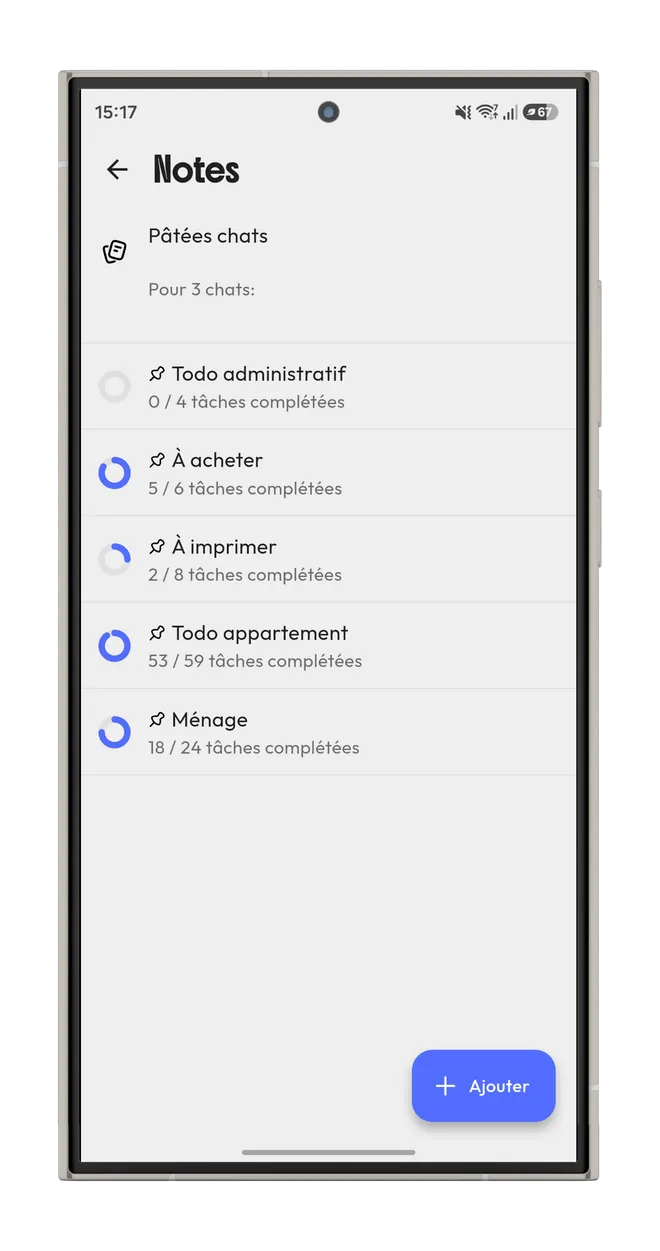 La liste des notes et des listes de tâches de Shadom, avec leur progression