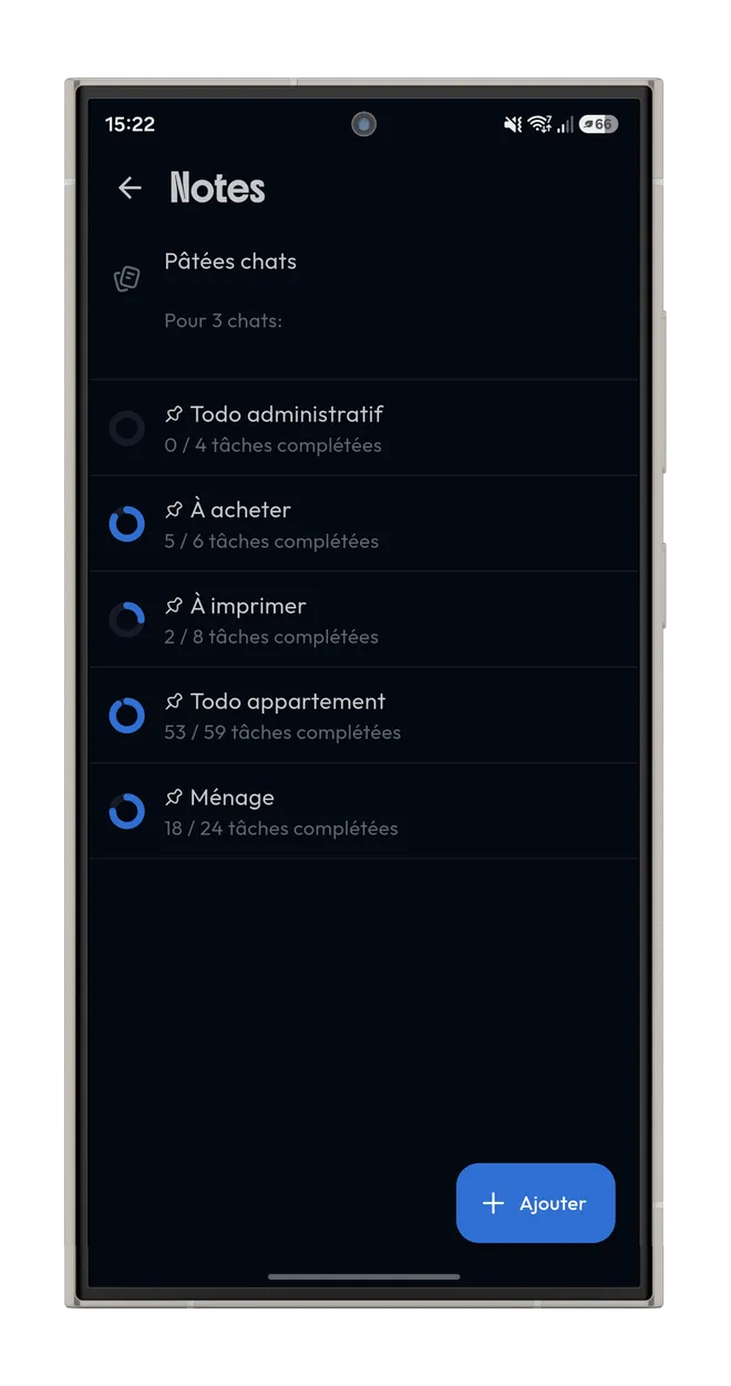 La liste des notes et des listes de tâches de Shadom, avec leur progression