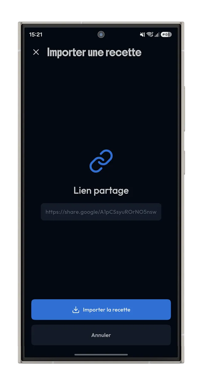 L’écran « Importer une recette » de Shadom, avec le lien partagé et le bouton « Importer la recette »